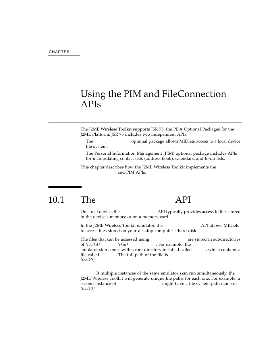 Using the pim and fileconnection apis, 1 the fileconnection api, Fileconnection | Chapter 10 | Sun Microsystems J2ME User Manual | Page 83 / 134