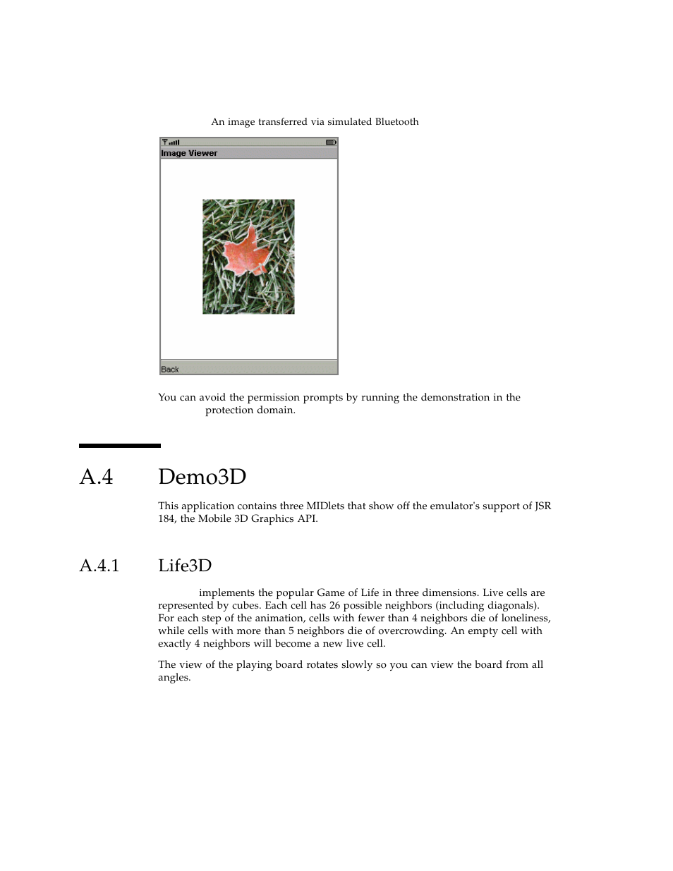 A.4 demo3d, A.4.1 life3d, Demo3d | A.4.1, Life3d, Section a.4 | Sun Microsystems J2ME User Manual | Page 96 / 134