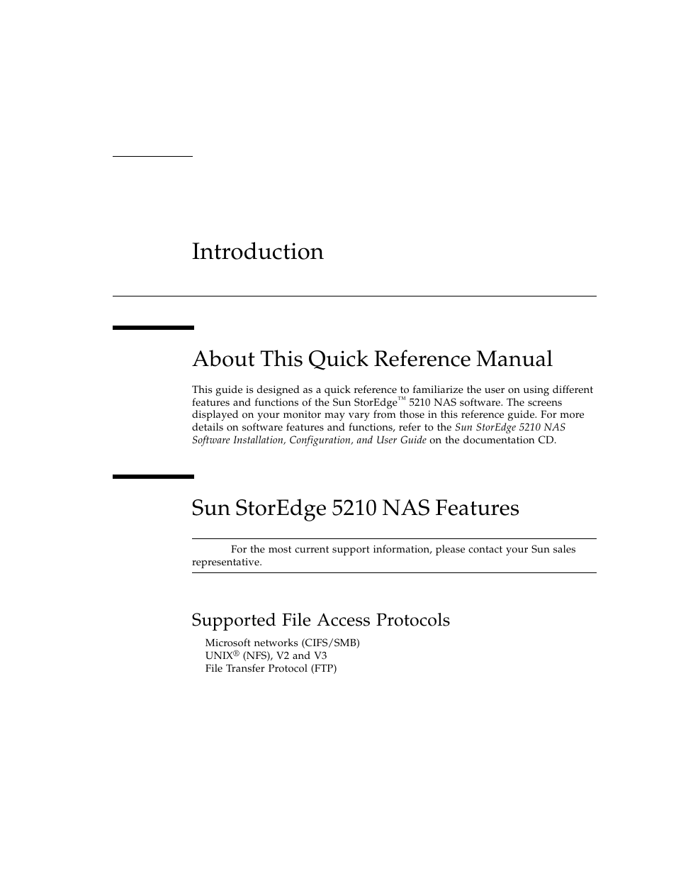 Introduction, About this quick reference manual, Sun storedge 5210 nas features | Supported file access protocols | Sun Microsystems Sun StorEdge 5210 NAS User Manual | Page 13 / 100