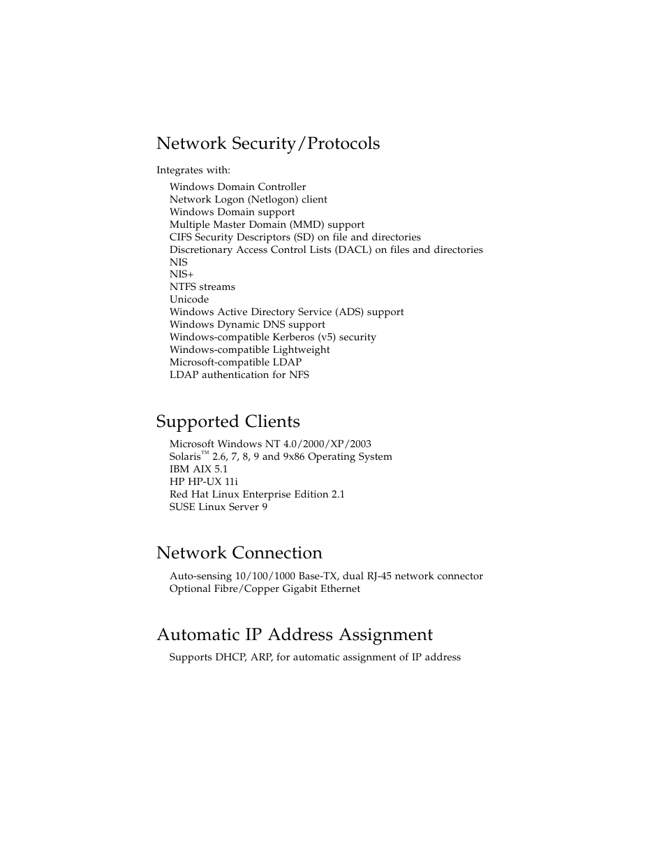 Network security/protocols, Supported clients, Network connection | Automatic ip address assignment | Sun Microsystems Sun StorEdge 5210 NAS User Manual | Page 14 / 100