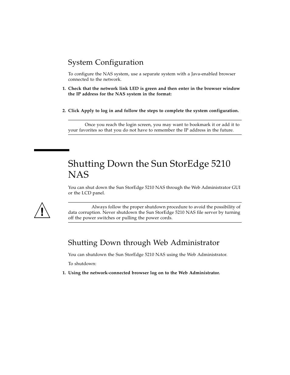 System configuration, Shutting down the sun storedge 5210 nas, Shutting down through web administrator | Sun Microsystems Sun StorEdge 5210 NAS User Manual | Page 20 / 100