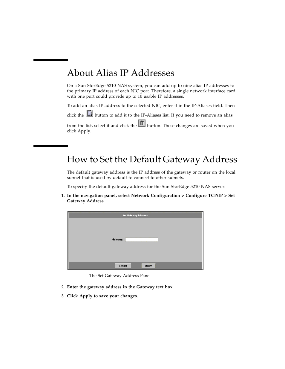 About alias ip addresses, How to set the default gateway address, Figure 3-3 | Sun Microsystems Sun StorEdge 5210 NAS User Manual | Page 26 / 100