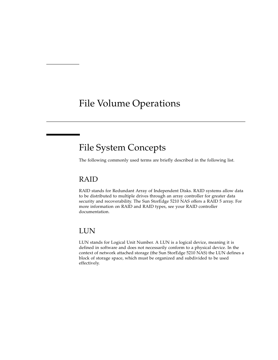 File volume operations, File system concepts, Raid | Sun Microsystems Sun StorEdge 5210 NAS User Manual | Page 29 / 100