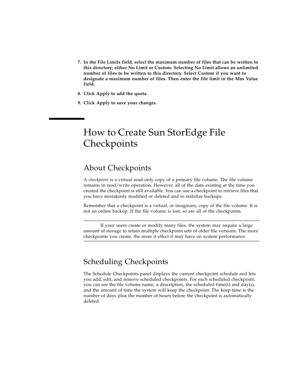 How to create sun storedge file checkpoints, About checkpoints, Scheduling checkpoints | Sun Microsystems Sun StorEdge 5210 NAS User Manual | Page 35 / 100