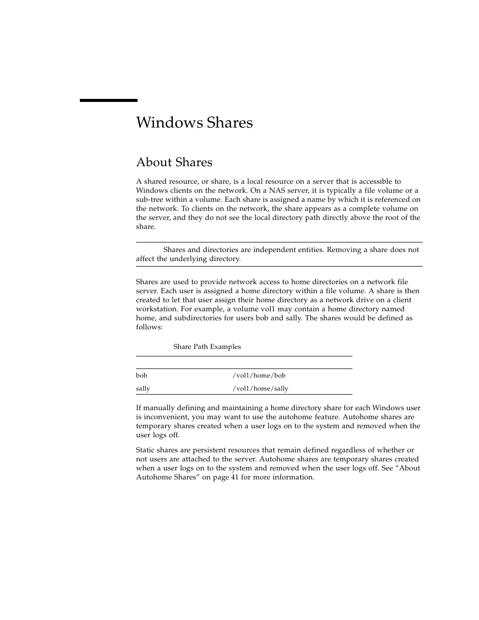 Windows shares, About shares | Sun Microsystems Sun StorEdge 5210 NAS User Manual | Page 49 / 100