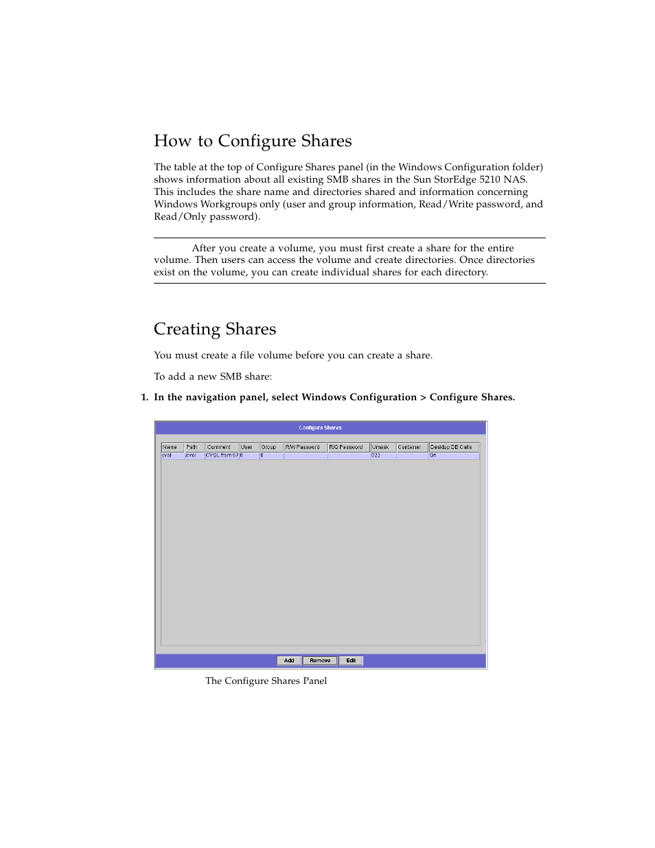 How to configure shares, Creating shares, Figure 5-3 | Sun Microsystems Sun StorEdge 5210 NAS User Manual | Page 50 / 100