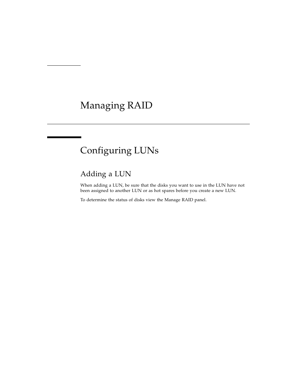 Managing raid, Configuring luns, Adding a lun | Sun Microsystems Sun StorEdge 5210 NAS User Manual | Page 85 / 100