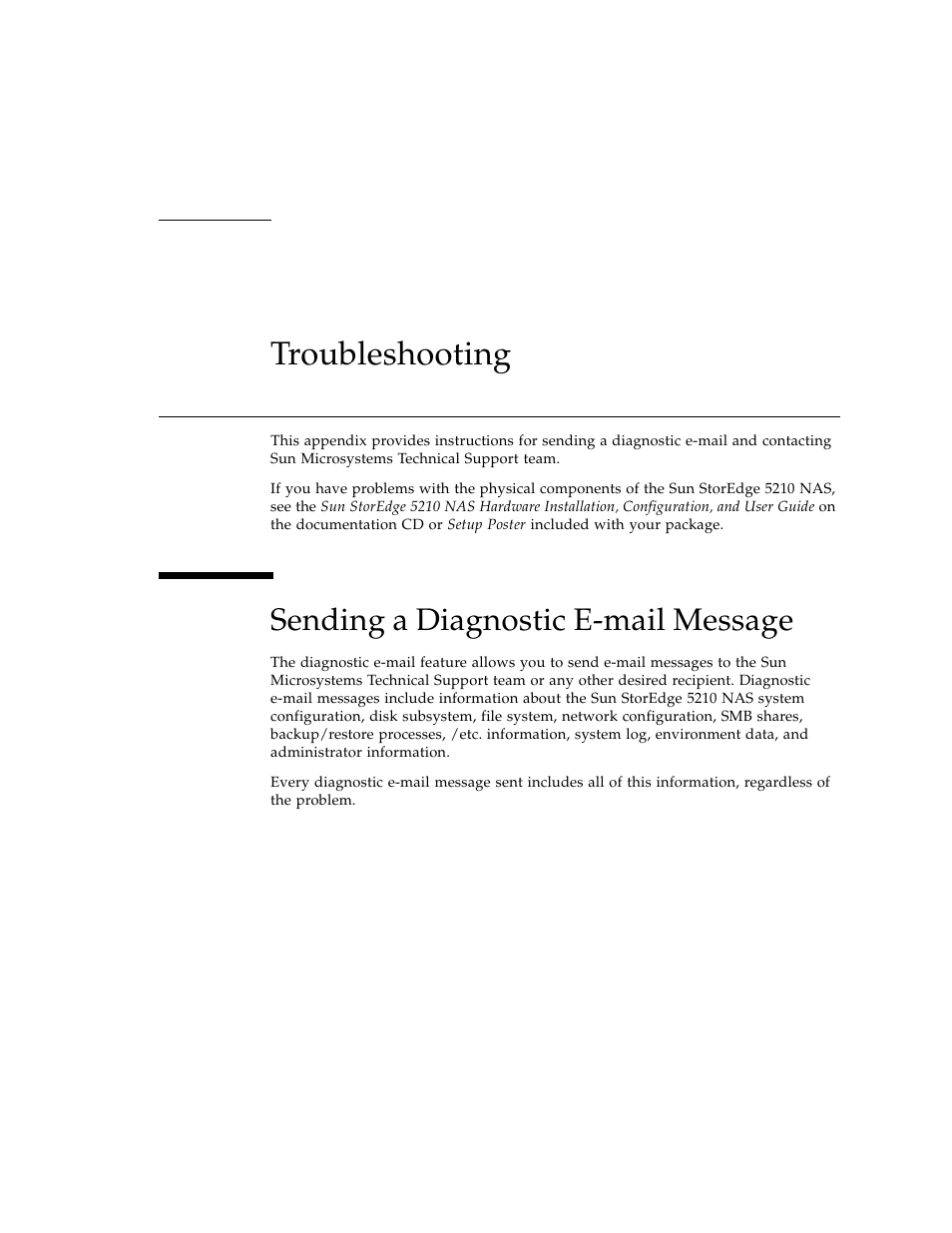 Troubleshooting, Sending a diagnostic e-mail message | Sun Microsystems Sun StorEdge 5210 NAS User Manual | Page 93 / 100