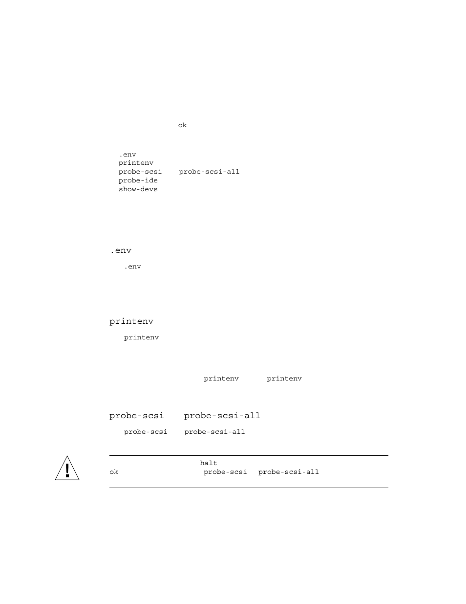 Other openboot commands, Env command, Printenv command | Probe-scsi and probe-scsi-all commands | Sun Microsystems Sun Fire V490 User Manual | Page 118 / 274