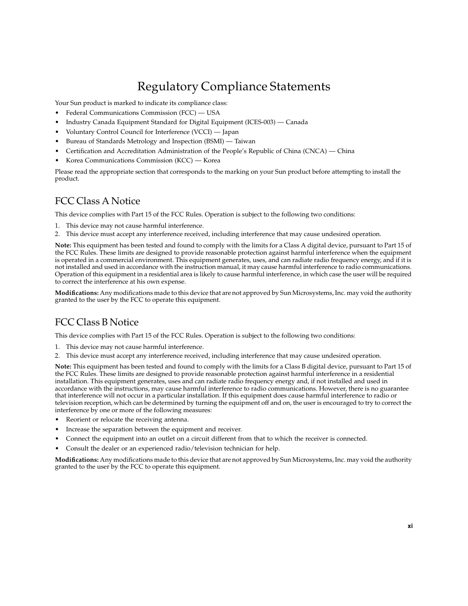 Regulatory compliance statements, Fcc class a notice, Fcc class b notice | Sun Microsystems Sun PCI High Speed Quad Port Serial Interface Adapter 819-1207-11 User Manual | Page 11 / 64