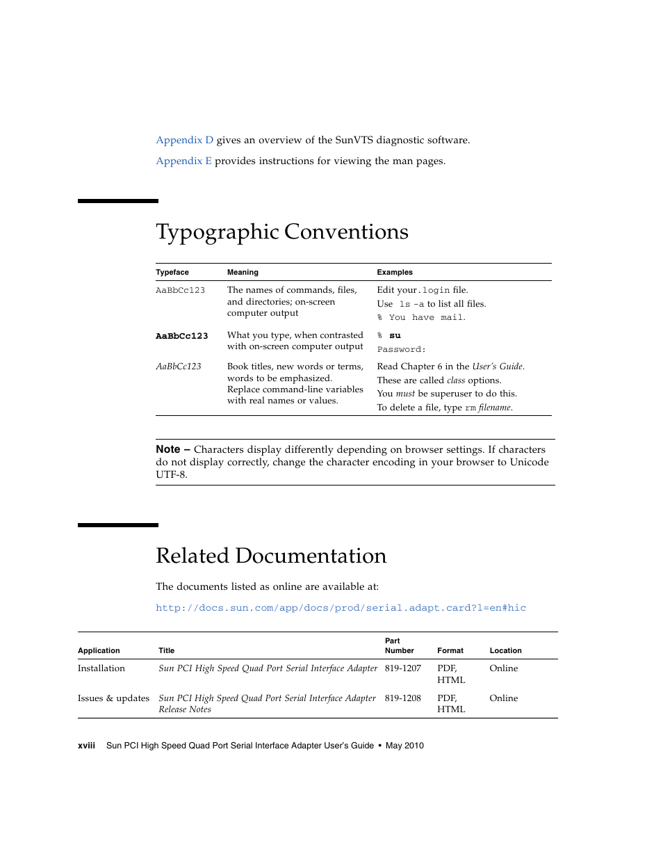 Typographic conventions, Related documentation | Sun Microsystems Sun PCI High Speed Quad Port Serial Interface Adapter 819-1207-11 User Manual | Page 18 / 64