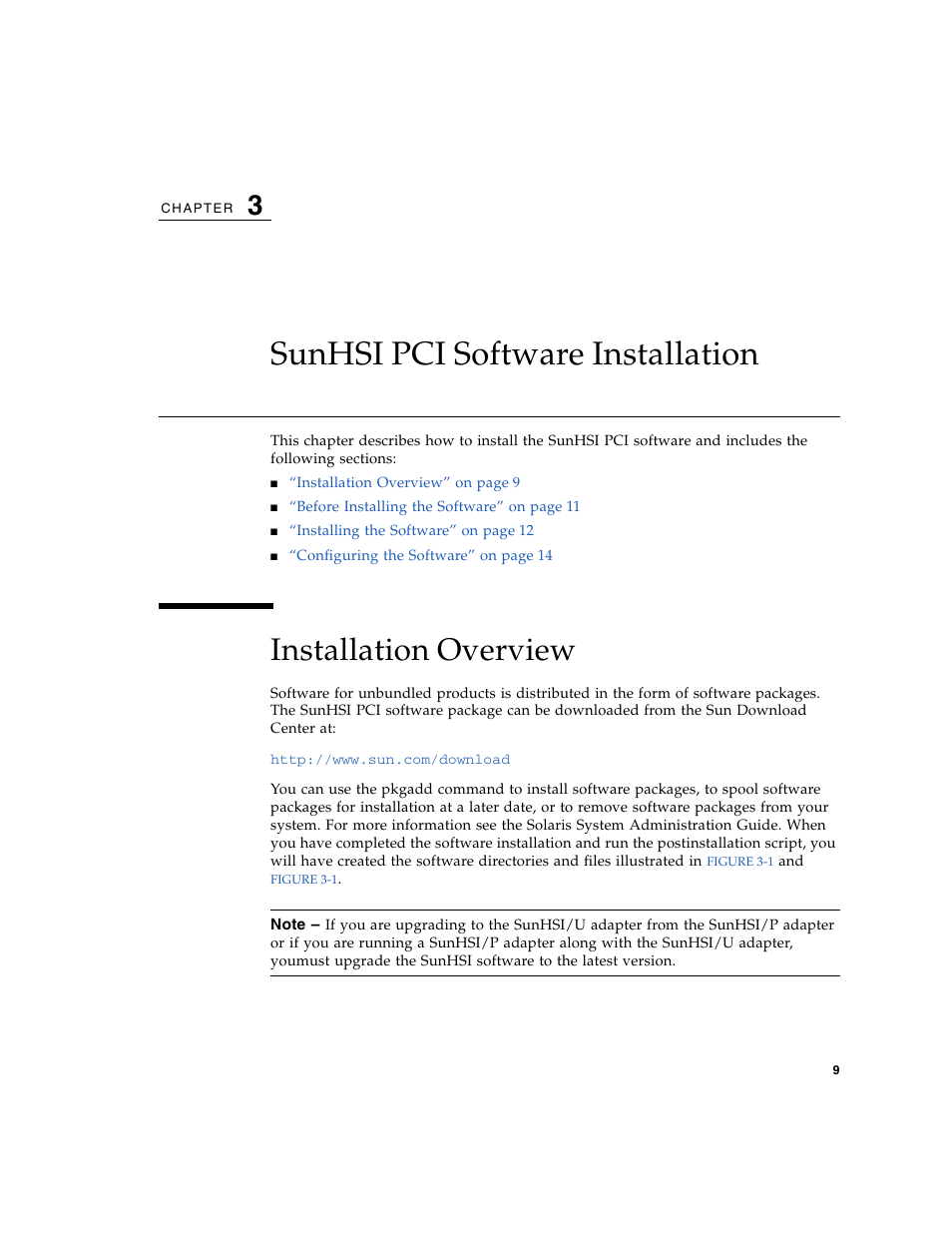 Sunhsi pci software installation, Installation overview, Chapter 3 | Sunhsi pci software installation” on | Sun Microsystems Sun PCI High Speed Quad Port Serial Interface Adapter 819-1207-11 User Manual | Page 29 / 64