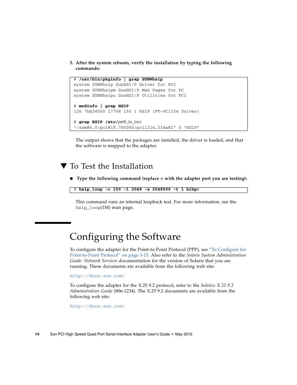 To test the installation, Configuring the software | Sun Microsystems Sun PCI High Speed Quad Port Serial Interface Adapter 819-1207-11 User Manual | Page 34 / 64