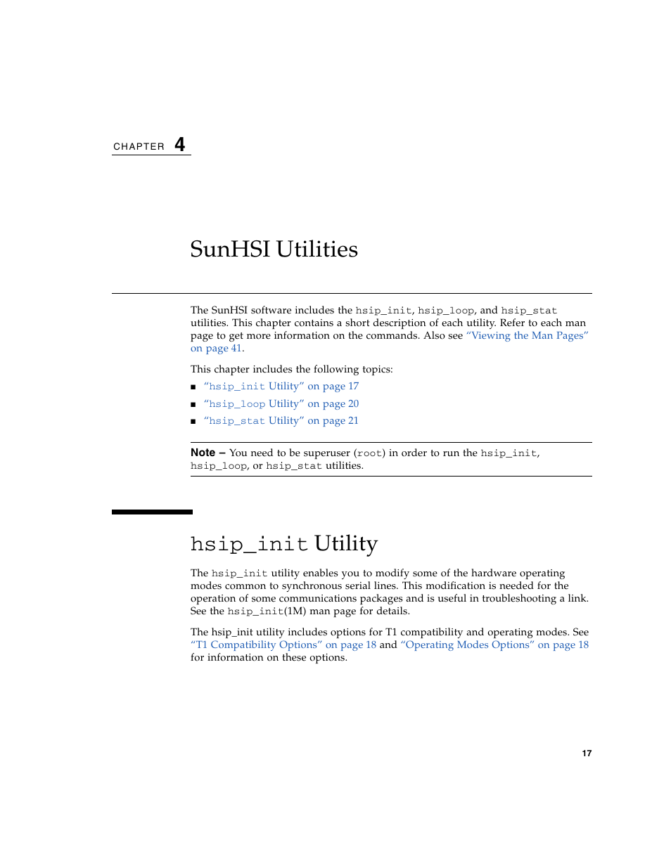 Sunhsi utilities, Hsip_init utility, Hsip_init | Utility, Chapter 4 | Sun Microsystems Sun PCI High Speed Quad Port Serial Interface Adapter 819-1207-11 User Manual | Page 37 / 64