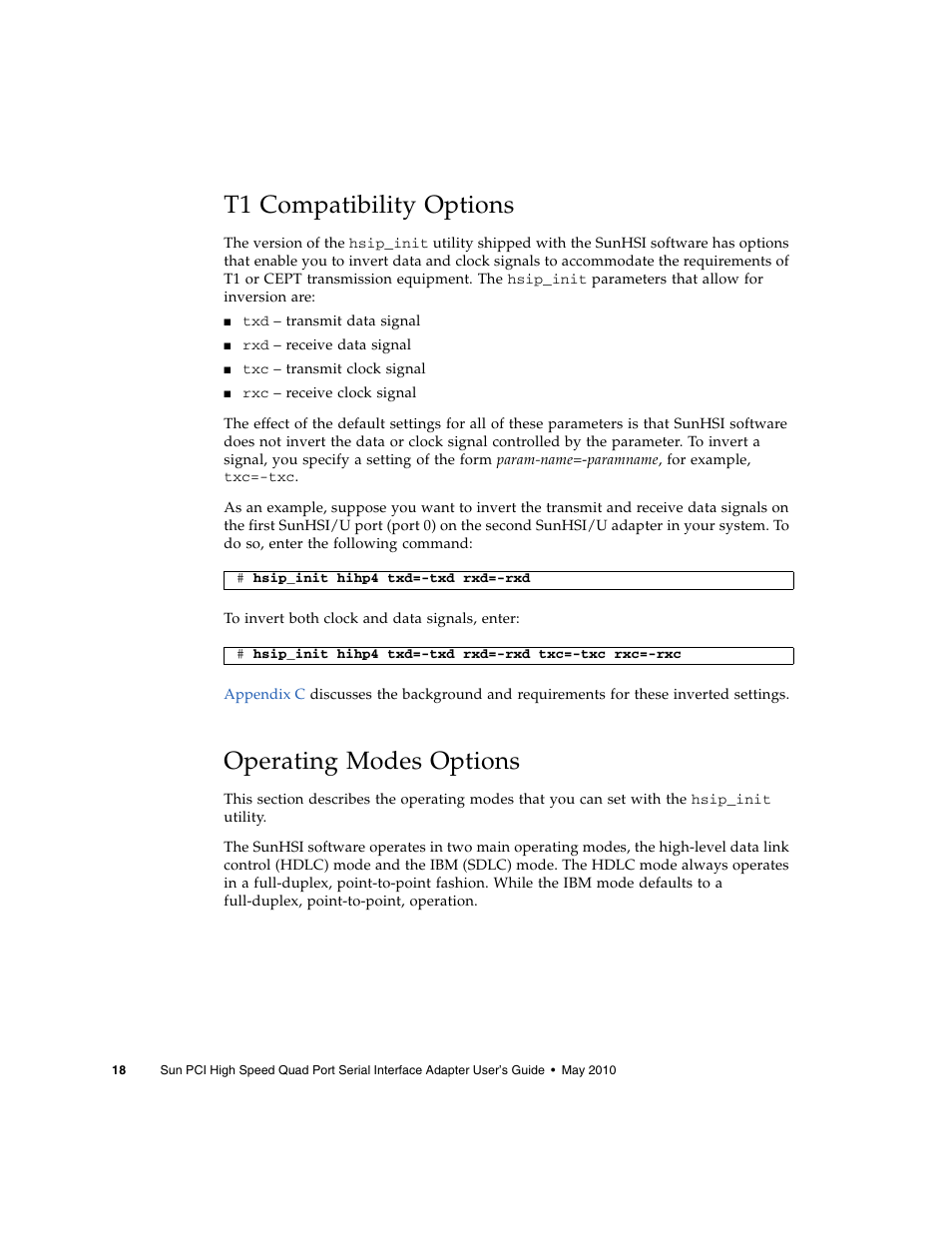 T1 compatibility options, Operating modes options | Sun Microsystems Sun PCI High Speed Quad Port Serial Interface Adapter 819-1207-11 User Manual | Page 38 / 64