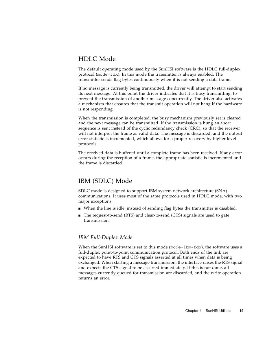 Hdlc mode, Ibm (sdlc) mode, Ibm full-duplex mode | Sun Microsystems Sun PCI High Speed Quad Port Serial Interface Adapter 819-1207-11 User Manual | Page 39 / 64