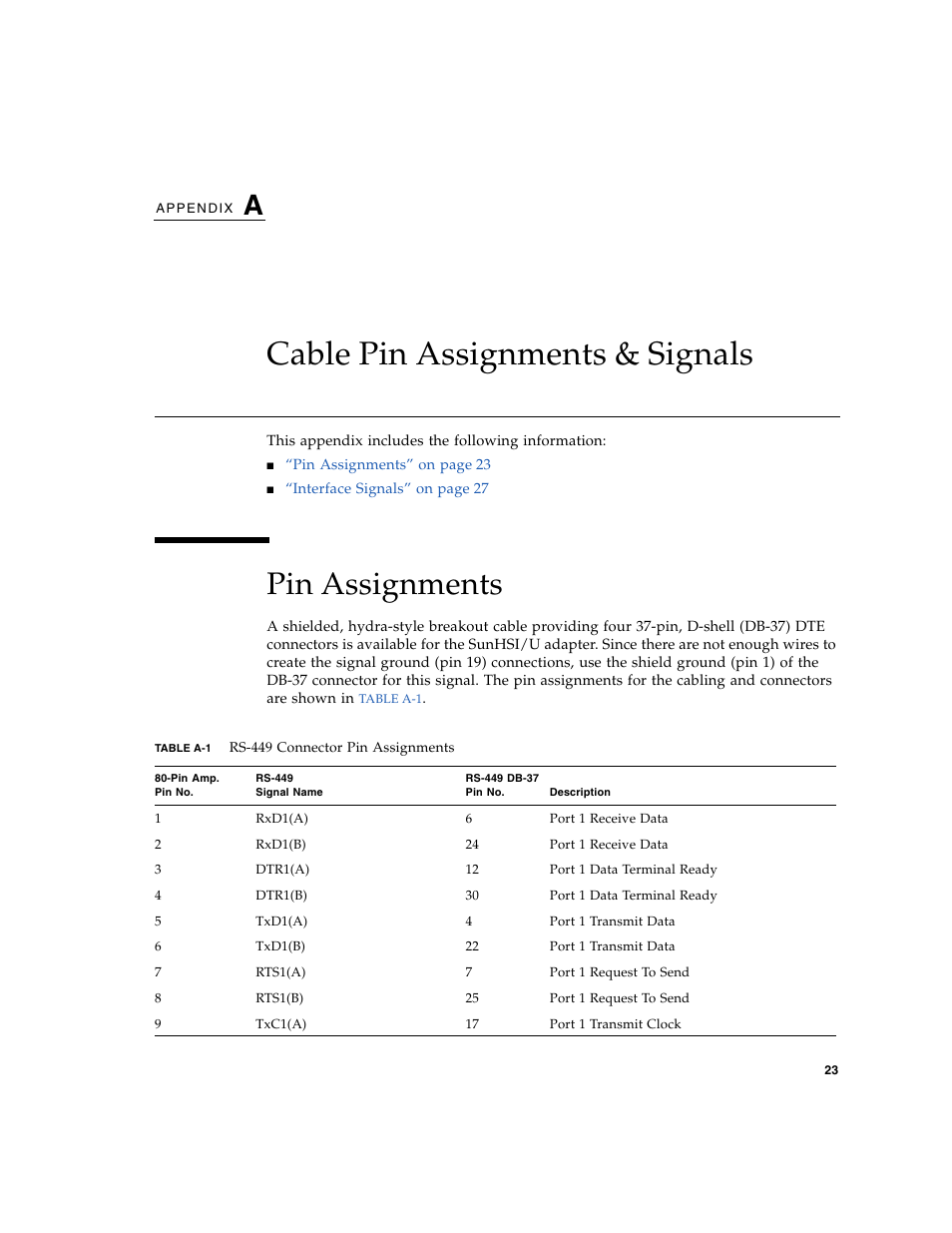 Cable pin assignments & signals, Pin assignments, Table a-1 | Appendix a | Sun Microsystems Sun PCI High Speed Quad Port Serial Interface Adapter 819-1207-11 User Manual | Page 43 / 64