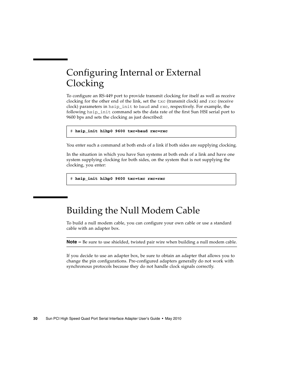 Configuring internal or external clocking, Building the null modem cable | Sun Microsystems Sun PCI High Speed Quad Port Serial Interface Adapter 819-1207-11 User Manual | Page 50 / 64