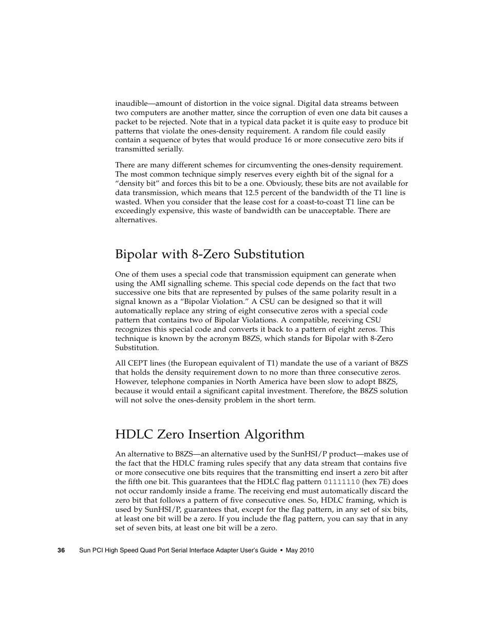 Bipolar with 8-zero substitution, Hdlc zero insertion algorithm | Sun Microsystems Sun PCI High Speed Quad Port Serial Interface Adapter 819-1207-11 User Manual | Page 56 / 64