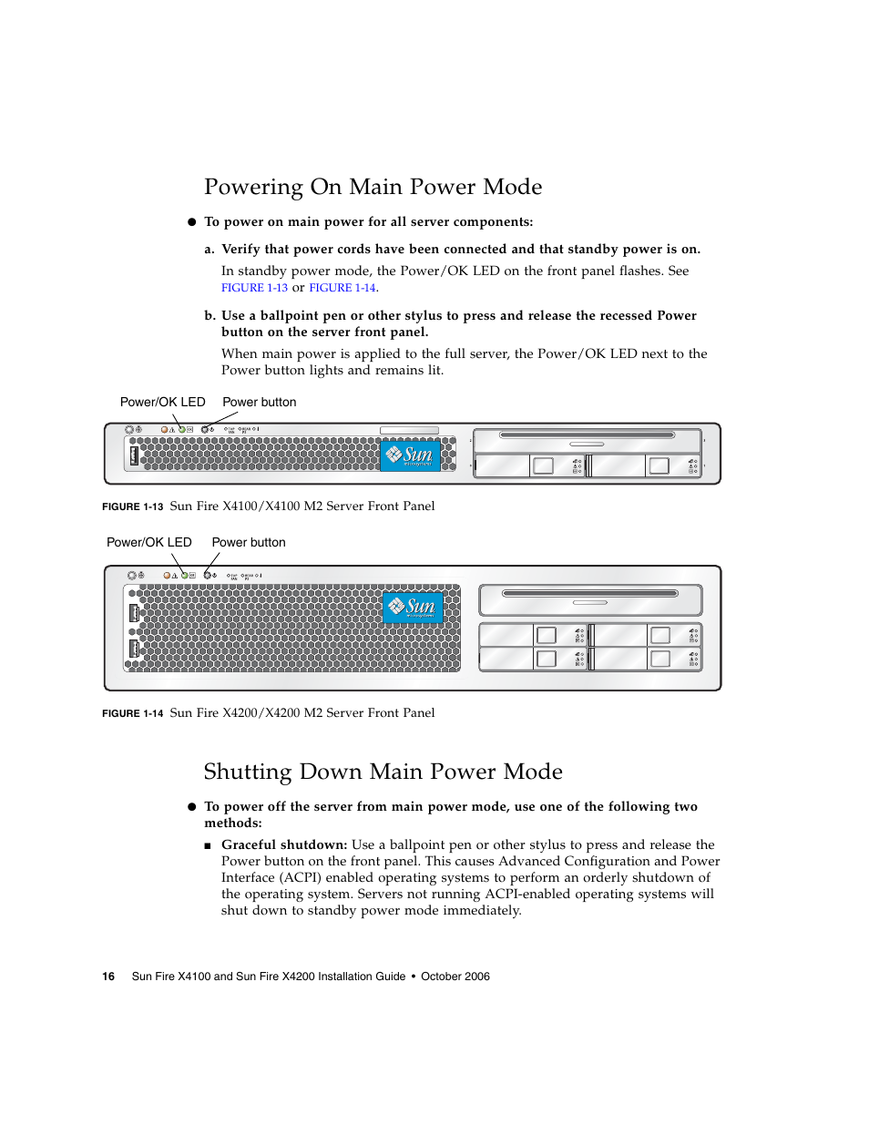 Powering on main power mode, Shutting down main power mode | Sun Microsystems Sun Fire X4200 M2 User Manual | Page 24 / 50