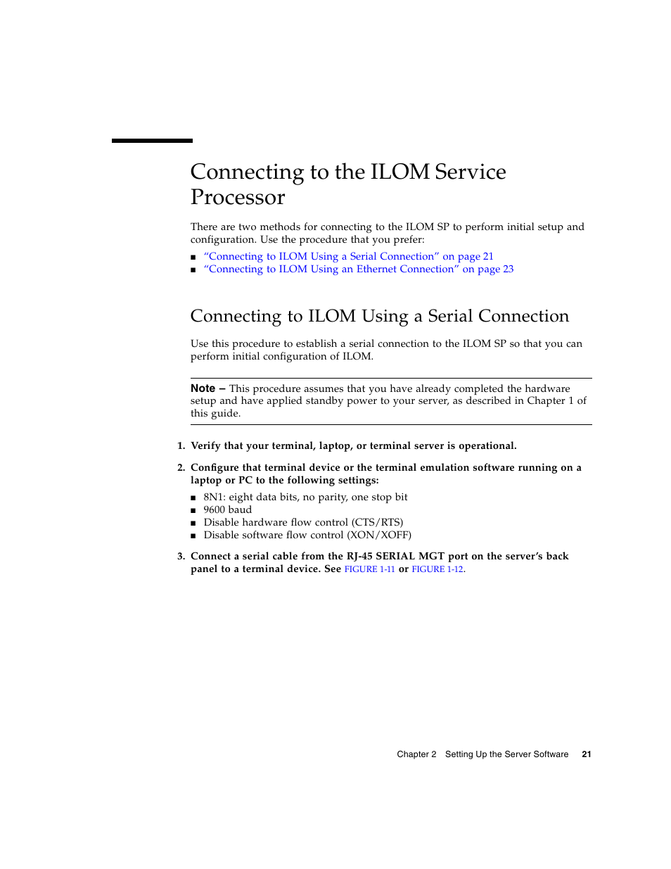 Connecting to the ilom service processor, Connecting to ilom using a serial connection | Sun Microsystems Sun Fire X4200 M2 User Manual | Page 29 / 50