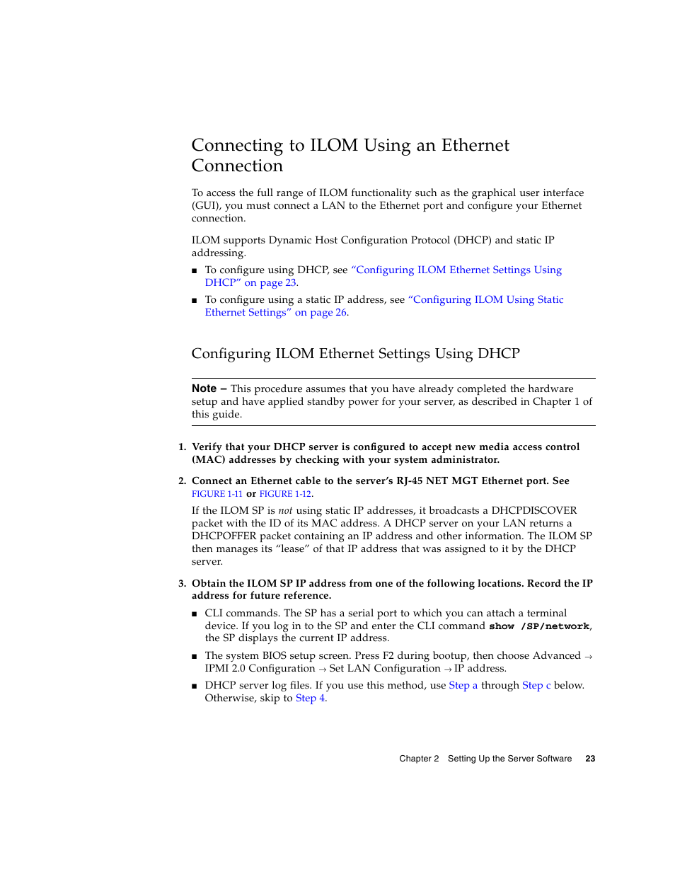 Connecting to ilom using an ethernet connection, Configuring ilom ethernet settings using dhcp | Sun Microsystems Sun Fire X4200 M2 User Manual | Page 31 / 50