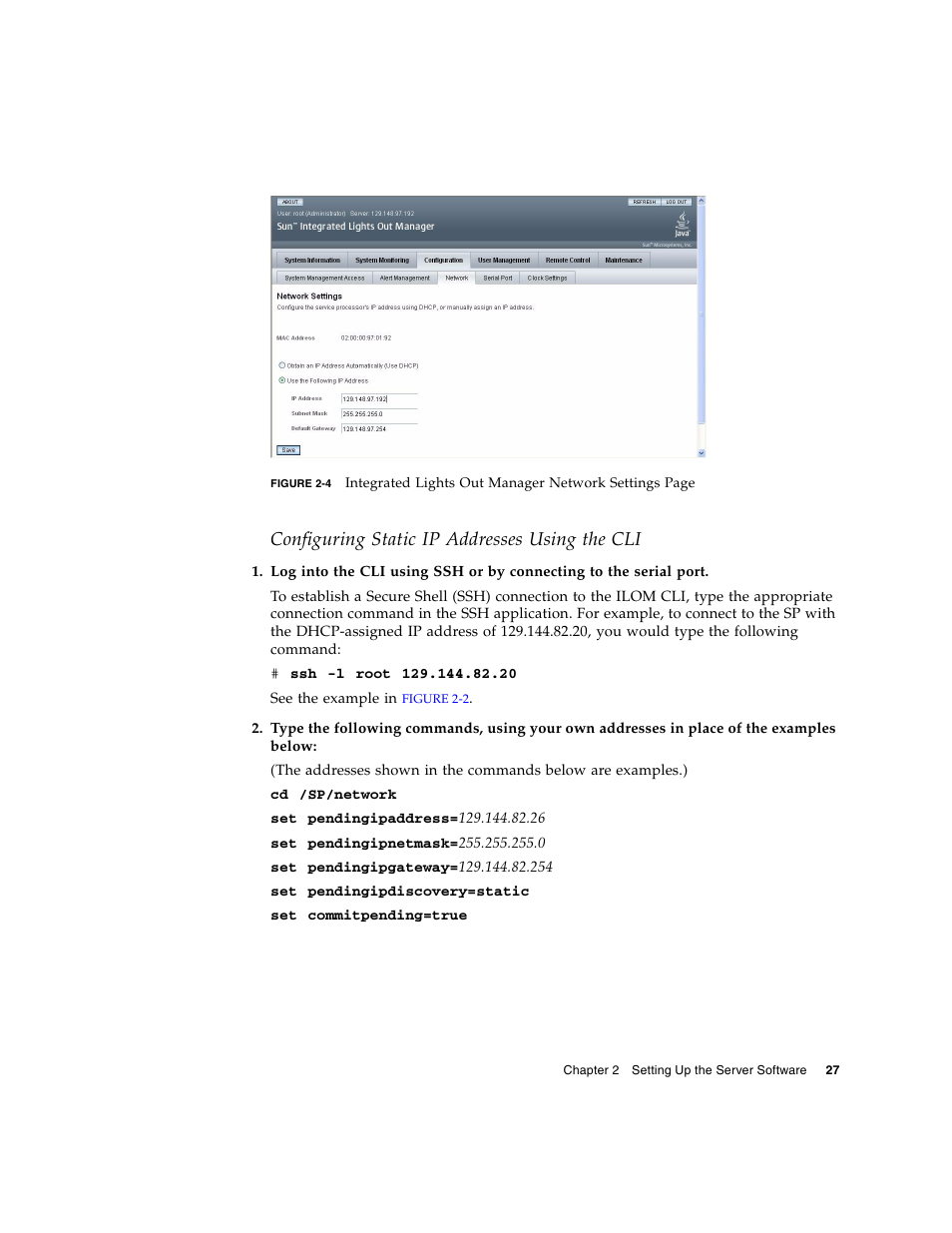 Configuring, Figure 2-4, Configuring static ip addresses using the cli | Sun Microsystems Sun Fire X4200 M2 User Manual | Page 35 / 50