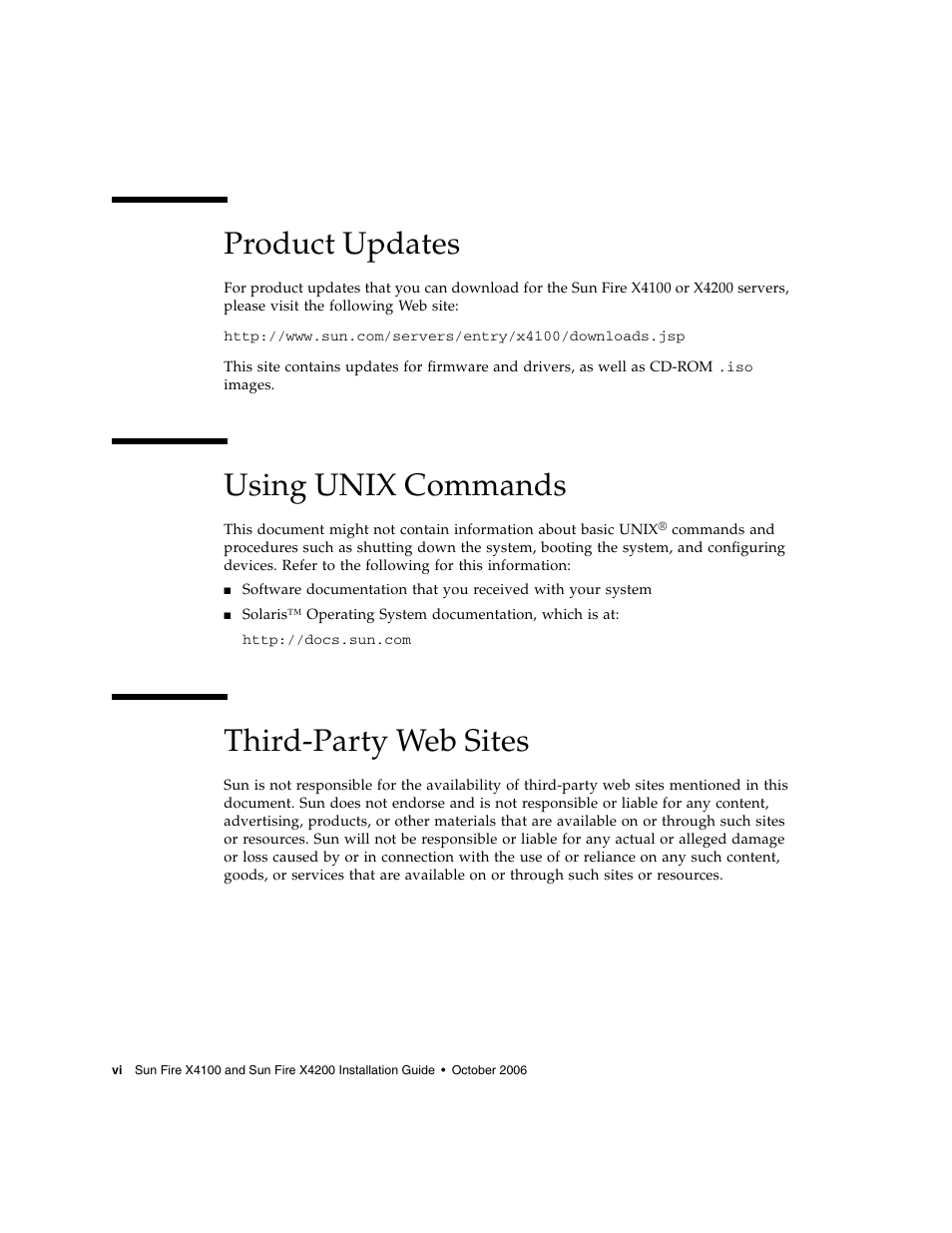 Product updates, Using unix commands, Third-party web sites | Sun Microsystems Sun Fire X4200 M2 User Manual | Page 6 / 50