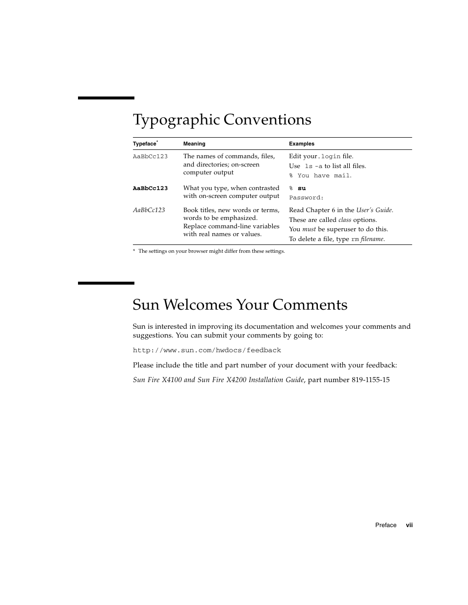 Typographic conventions, Sun welcomes your comments, Typographic conventions sun welcomes your comments | Sun Microsystems Sun Fire X4200 M2 User Manual | Page 7 / 50