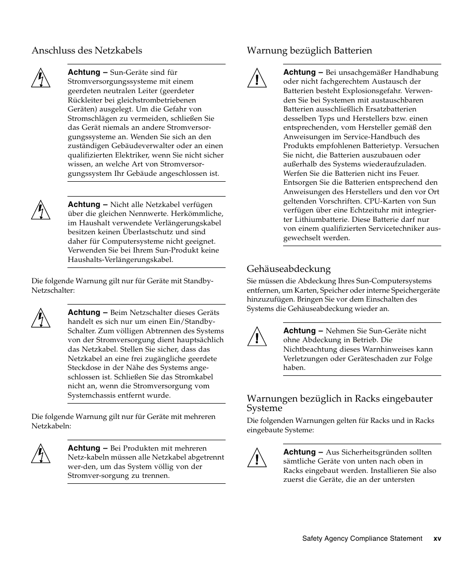Anschluss des netzkabels, Warnung bezüglich batterien, Gehäuseabdeckung | Warnungen bezüglich in racks eingebauter systeme | Sun Microsystems SUN FIRE X2270 User Manual | Page 15 / 22