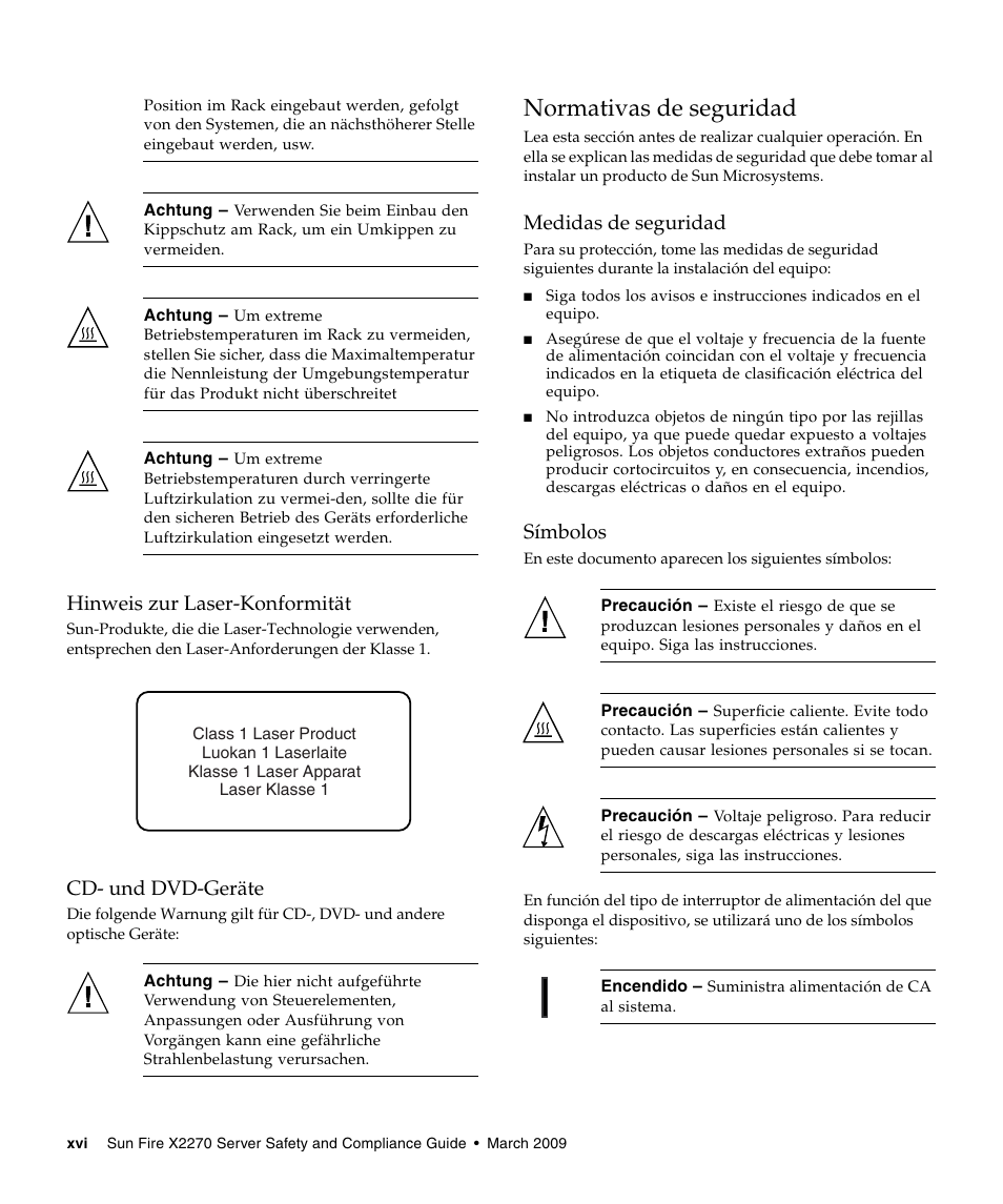 Hinweis zur laser-konformität, Cd- und dvd-geräte, Normativas de seguridad | Medidas de seguridad, Símbolos | Sun Microsystems SUN FIRE X2270 User Manual | Page 16 / 22