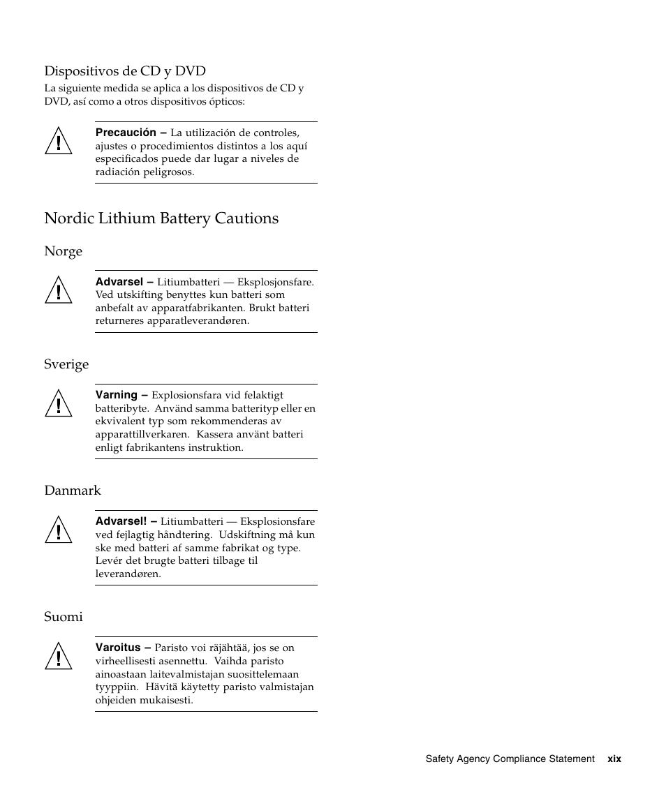 Dispositivos de cd y dvd, Nordic lithium battery cautions, Norge | Sverige, Danmark, Suomi | Sun Microsystems SUN FIRE X2270 User Manual | Page 19 / 22