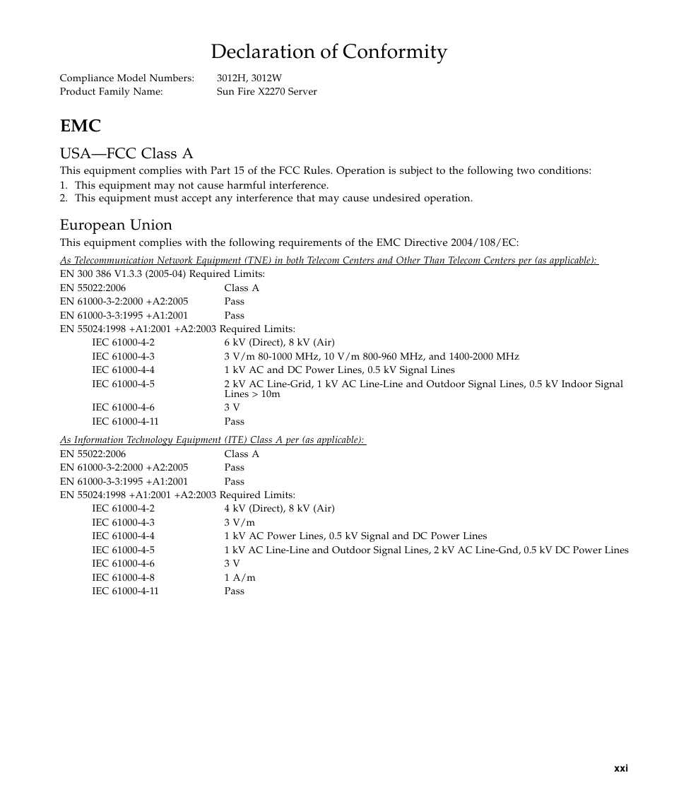 Declaration of conformity, Usa-fcc class a, European union | Usa—fcc class a | Sun Microsystems SUN FIRE X2270 User Manual | Page 21 / 22