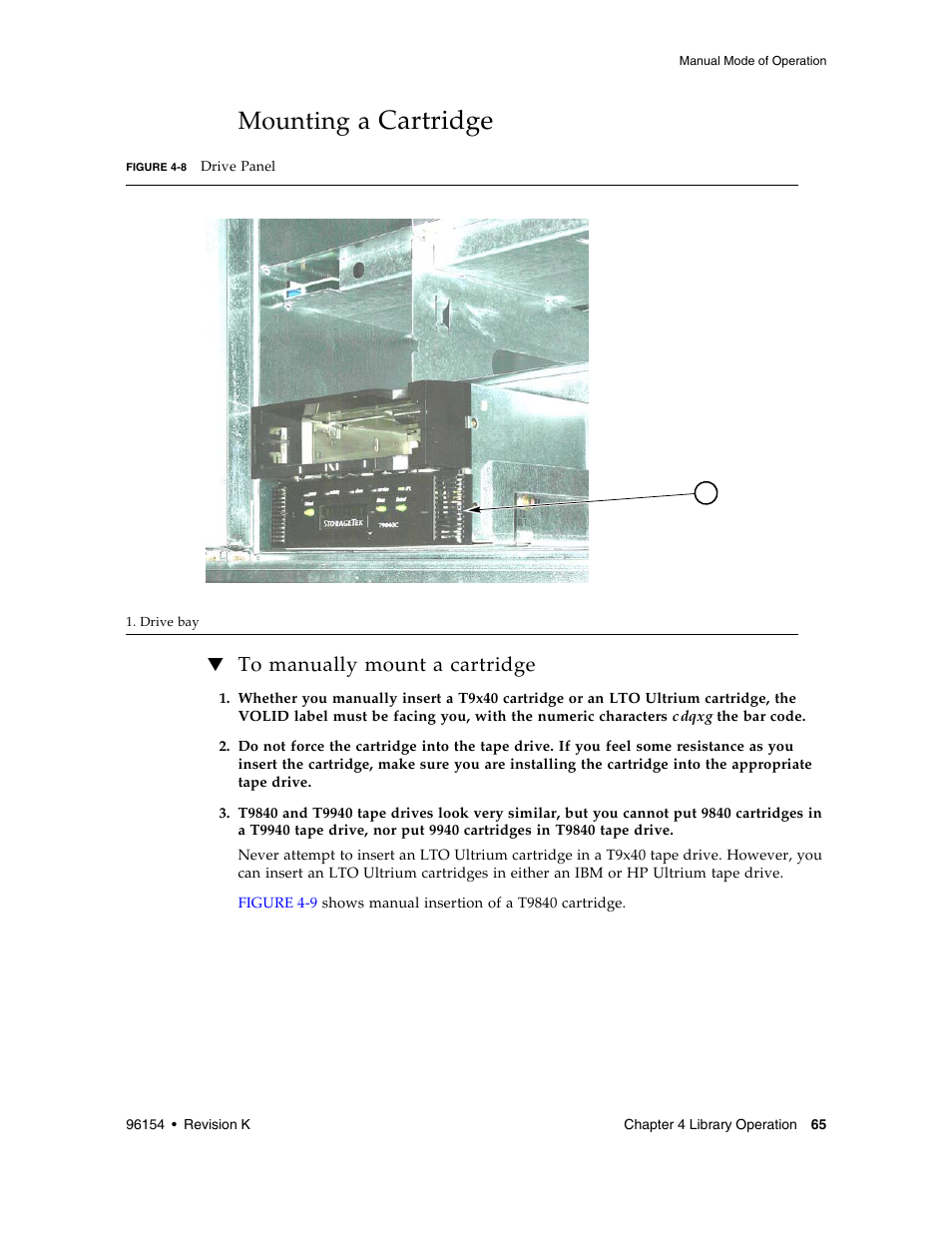 Mounting a cartridge, To manually mount a cartridge, To manually mount a cartridge 6 | Figure 4-8, Cartridge, Mounting a | Sun Microsystems StreamLine SL8500 User Manual | Page 105 / 200