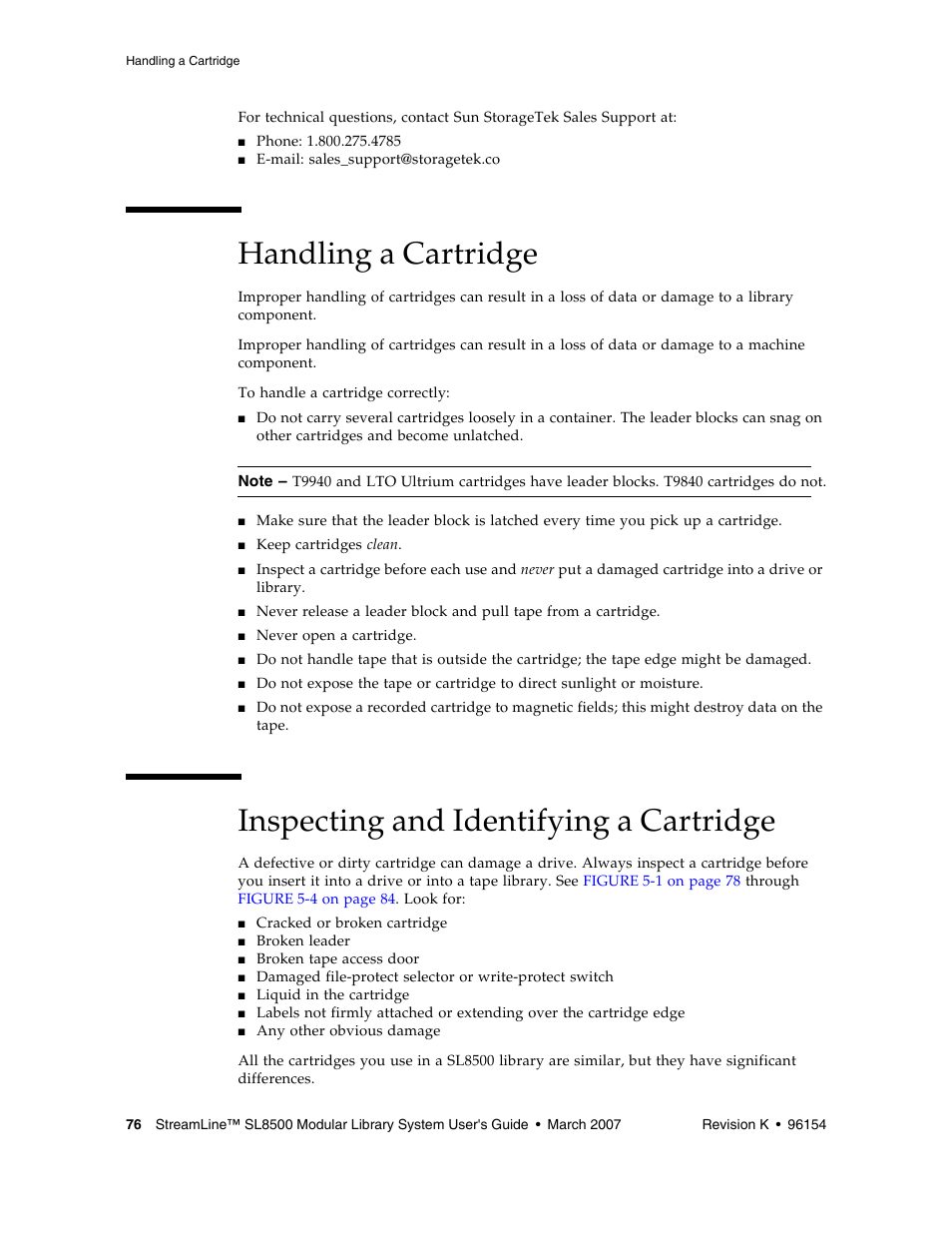 Handling a cartridge, Inspecting and identifying a cartridge | Sun Microsystems StreamLine SL8500 User Manual | Page 116 / 200