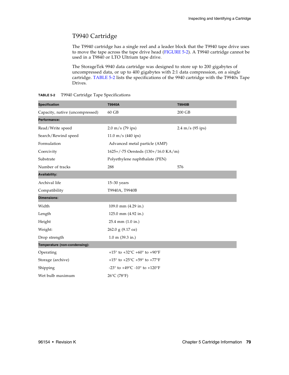 T9940 cartridge, T9940 cartridge 79, Table 5-2 | Sun Microsystems StreamLine SL8500 User Manual | Page 119 / 200