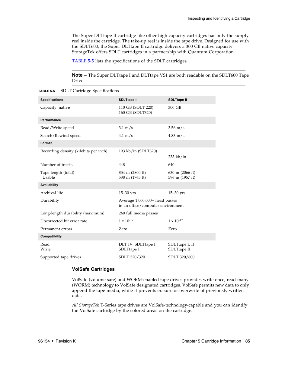 Volsafe cartridges, Table 5-5 | Sun Microsystems StreamLine SL8500 User Manual | Page 125 / 200