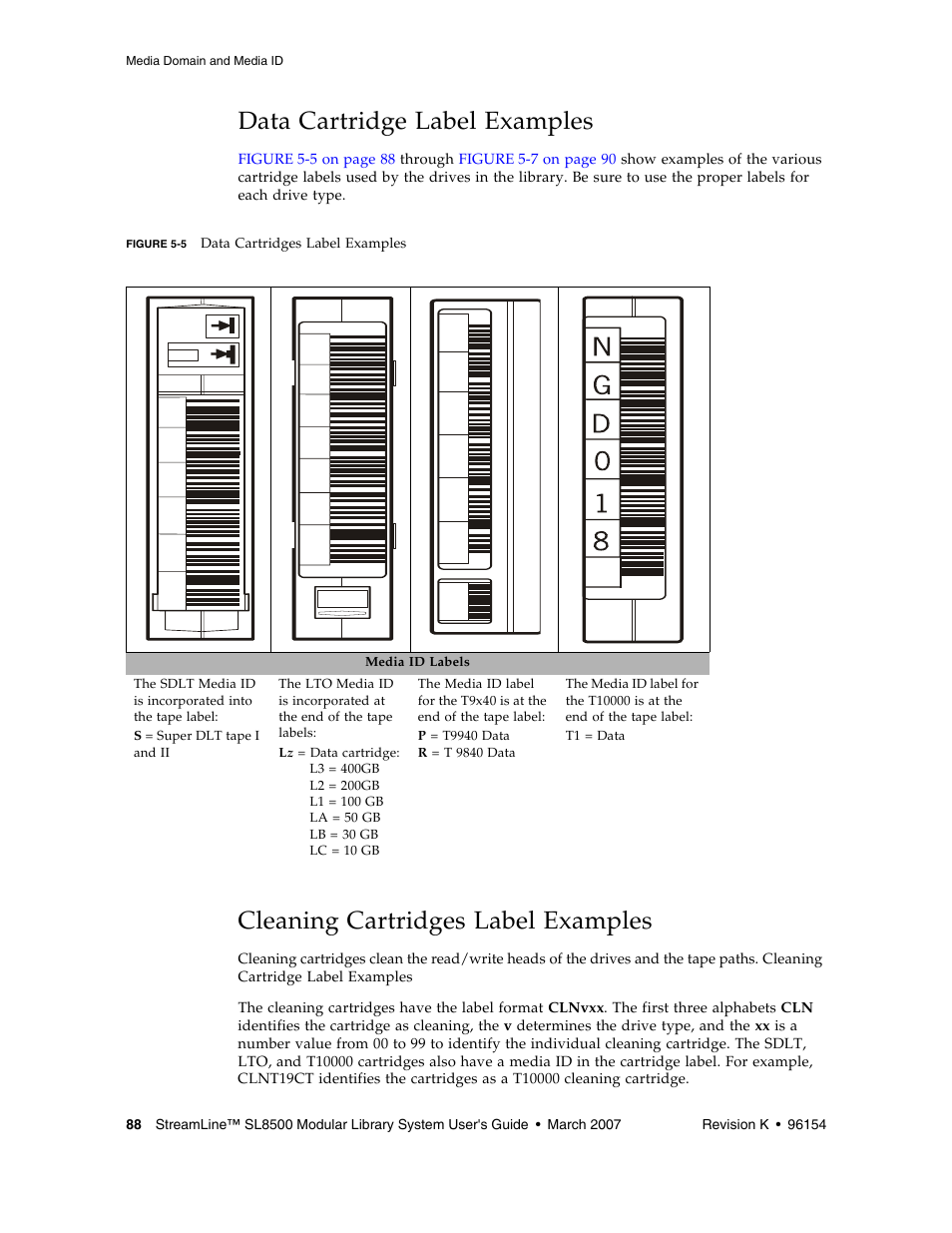 Data cartridge label examples, Cleaning cartridges label examples, Data cartridge label examples 88 | Figure 5-5, A b 9 0, 7 8 e n o 2 o r 1 | Sun Microsystems StreamLine SL8500 User Manual | Page 128 / 200