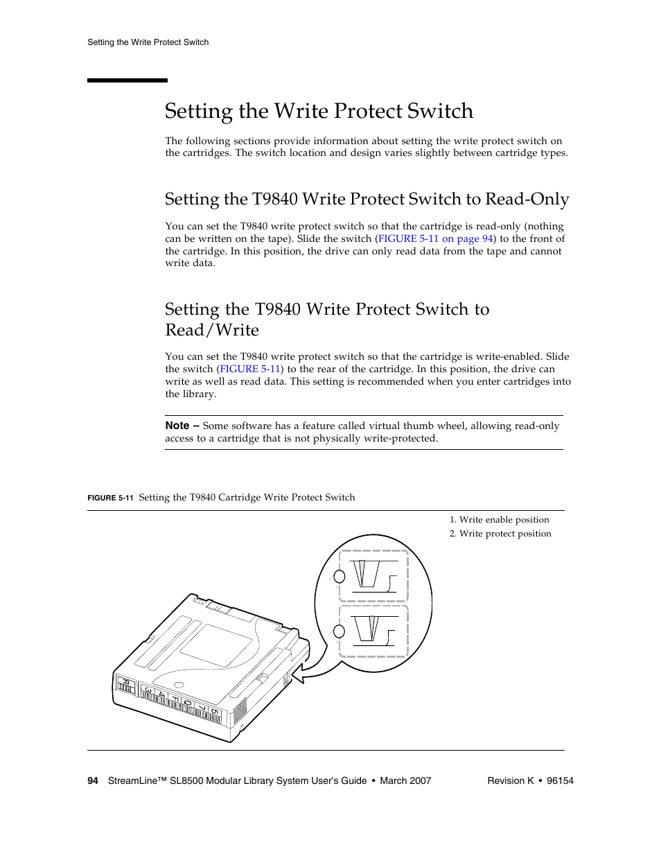 Setting the write protect switch, Setting the write protect switch 94, Figure 5-11 | Sun Microsystems StreamLine SL8500 User Manual | Page 134 / 200