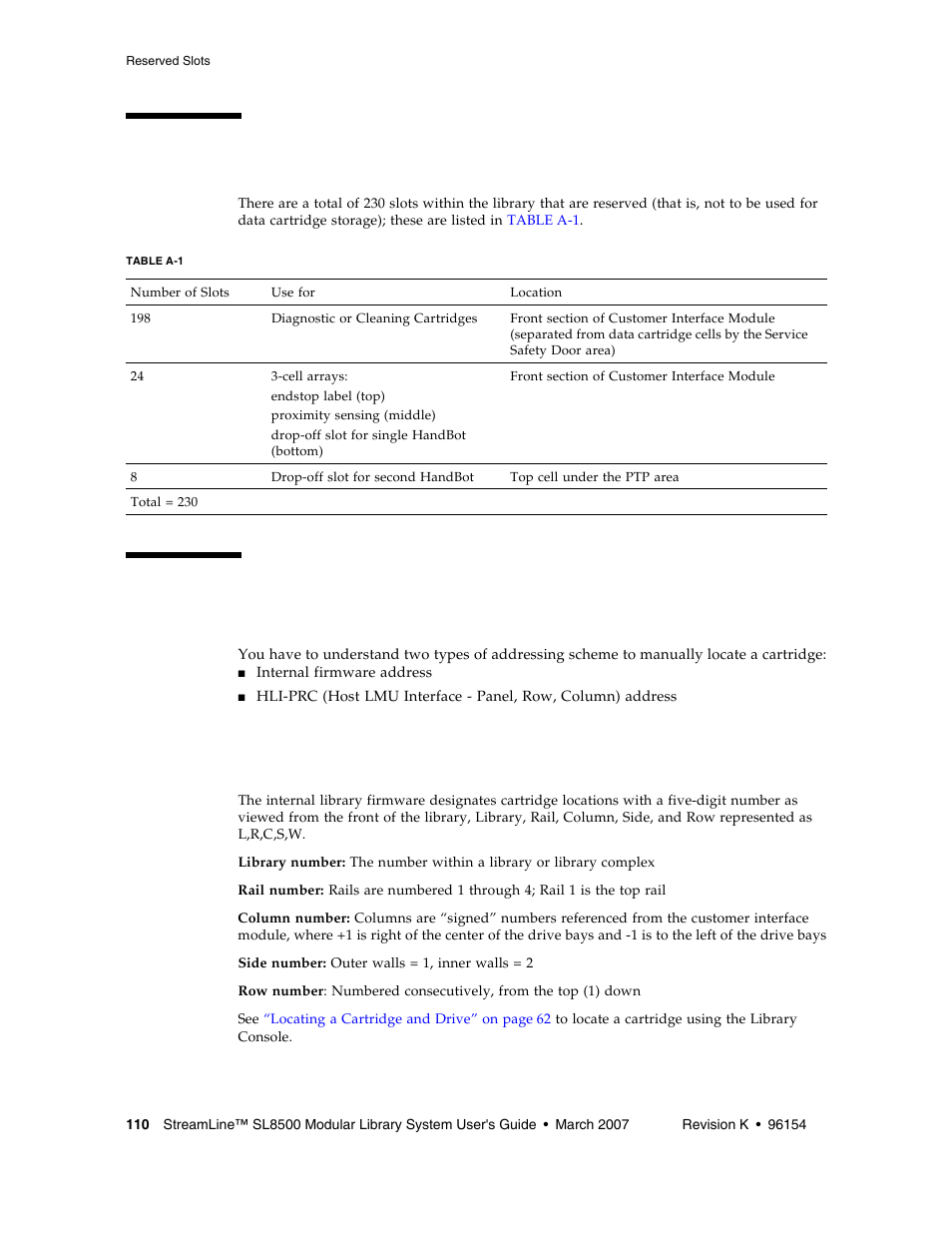 Reserved slots, Cartridge address, Internal address | Table a-1, Internal | Sun Microsystems StreamLine SL8500 User Manual | Page 150 / 200