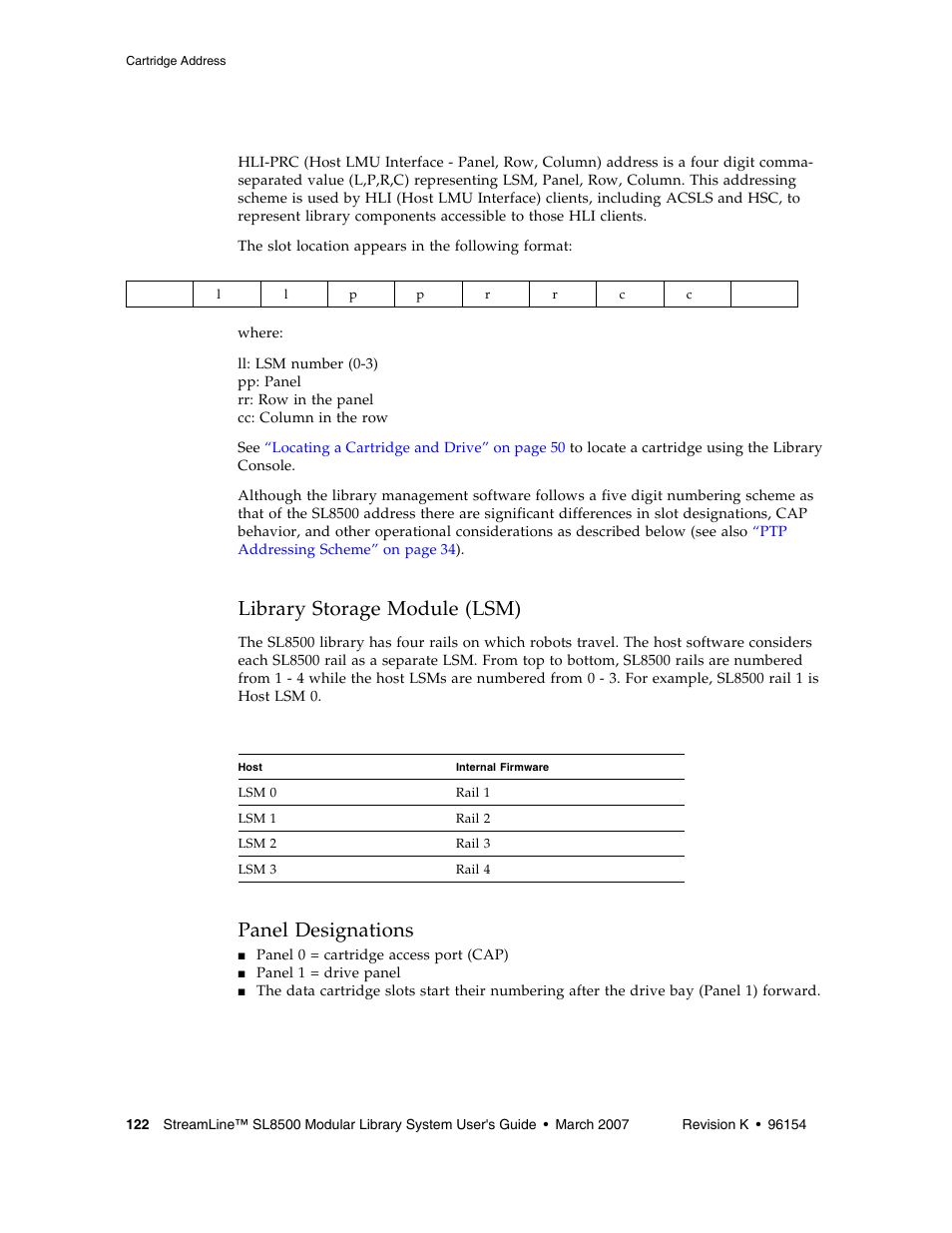 Hli-prc address, Library storage module (lsm), Panel designations | Library storage module (lsm) 1, Table a-5 | Sun Microsystems StreamLine SL8500 User Manual | Page 162 / 200