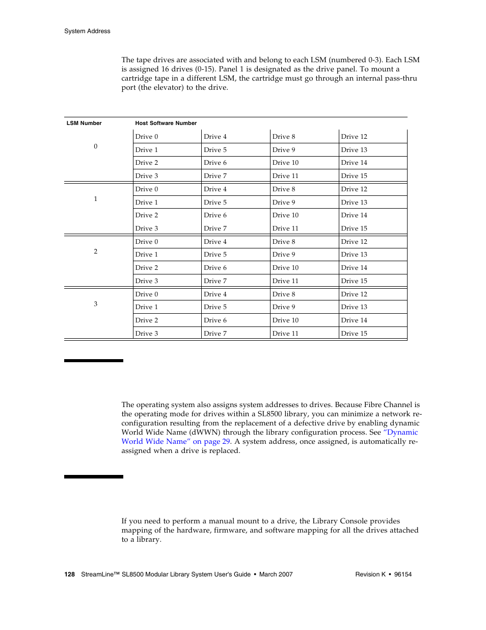 System address, Manually locating a drive bay, Manually locating a drive bay 128 | Table b-3 | Sun Microsystems StreamLine SL8500 User Manual | Page 168 / 200