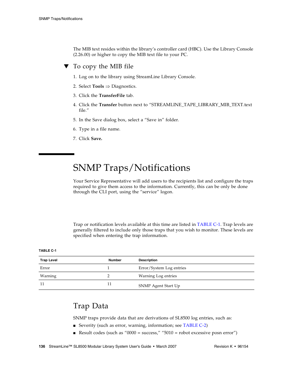 Copying the mib text file, To copy the mib file, Snmp traps/notifications | Trap/notification levels, Trap data, To copy the mib file 136, Table c-1, Copying the mib | Sun Microsystems StreamLine SL8500 User Manual | Page 176 / 200