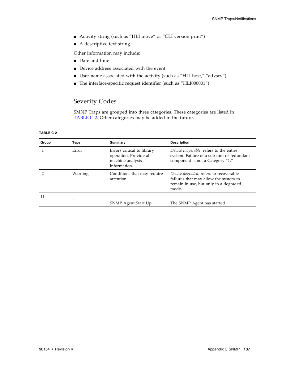 Severity codes, Severity codes 137, Table c-2 | Sun Microsystems StreamLine SL8500 User Manual | Page 177 / 200