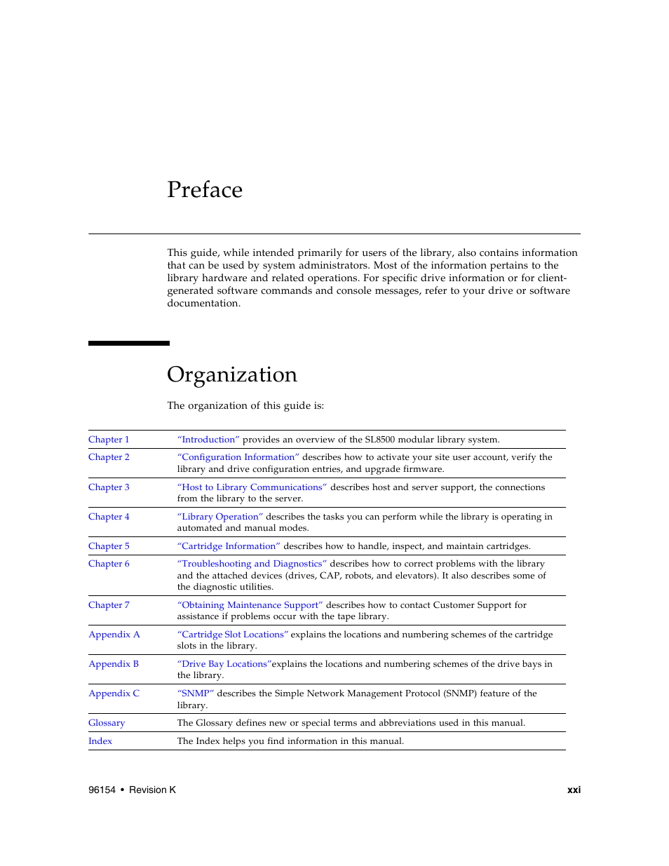 Preface, Organization, Organization x | Sun Microsystems StreamLine SL8500 User Manual | Page 23 / 200