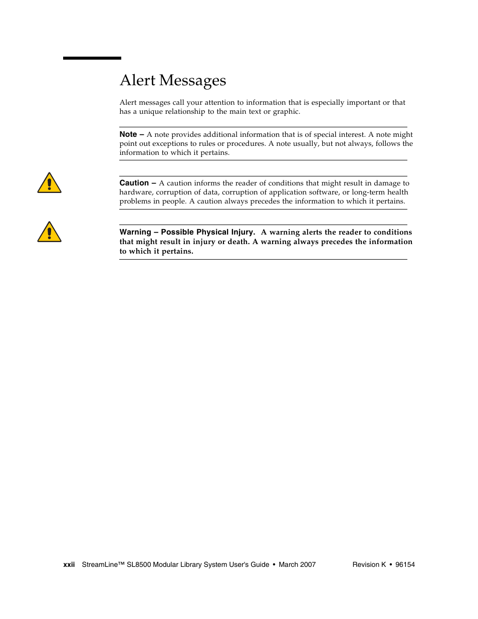 Alert messages | Sun Microsystems StreamLine SL8500 User Manual | Page 24 / 200