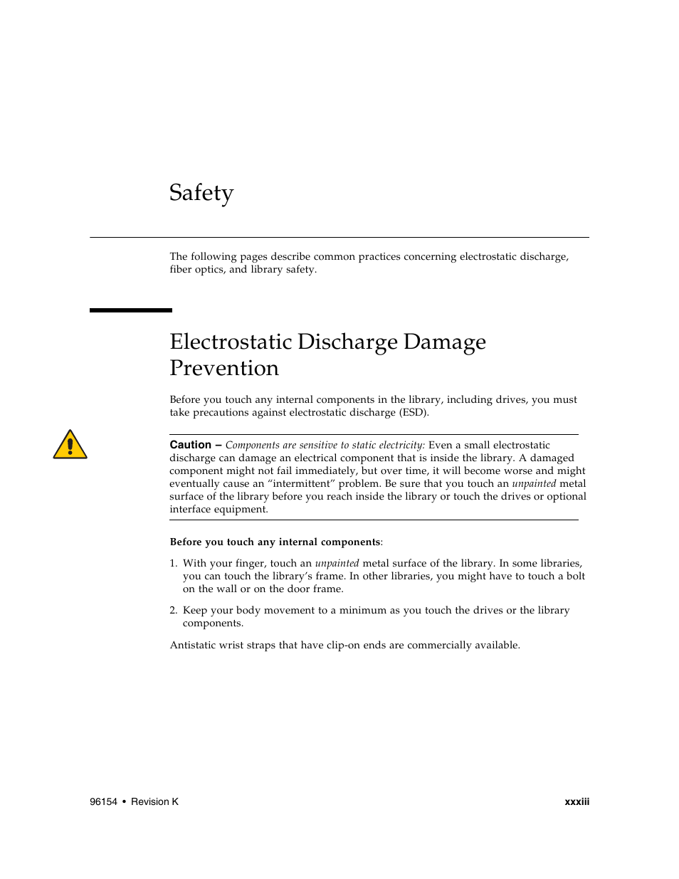 Safety, Electrostatic discharge damage prevention, Electrostatic discharge damage prevention xxxiii | Sun Microsystems StreamLine SL8500 User Manual | Page 35 / 200