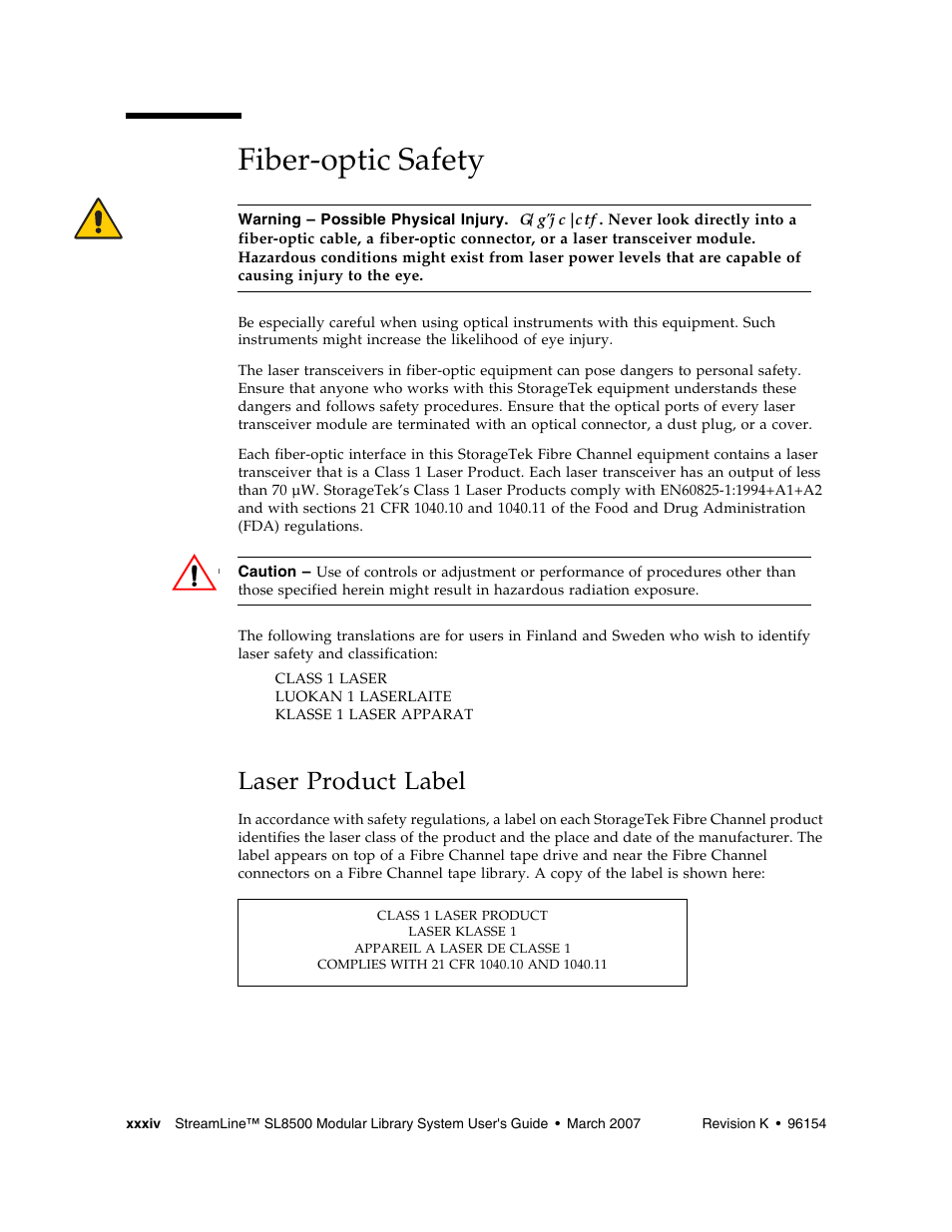 Fiber-optic safety, Laser product label | Sun Microsystems StreamLine SL8500 User Manual | Page 36 / 200