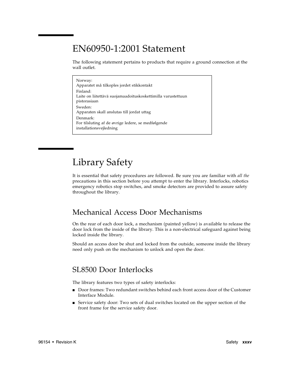 En60950-1:2001 statement, Library safety, Mechanical access door mechanisms | Sl8500 door interlocks, Sl8500 door interlocks xxxv | Sun Microsystems StreamLine SL8500 User Manual | Page 37 / 200