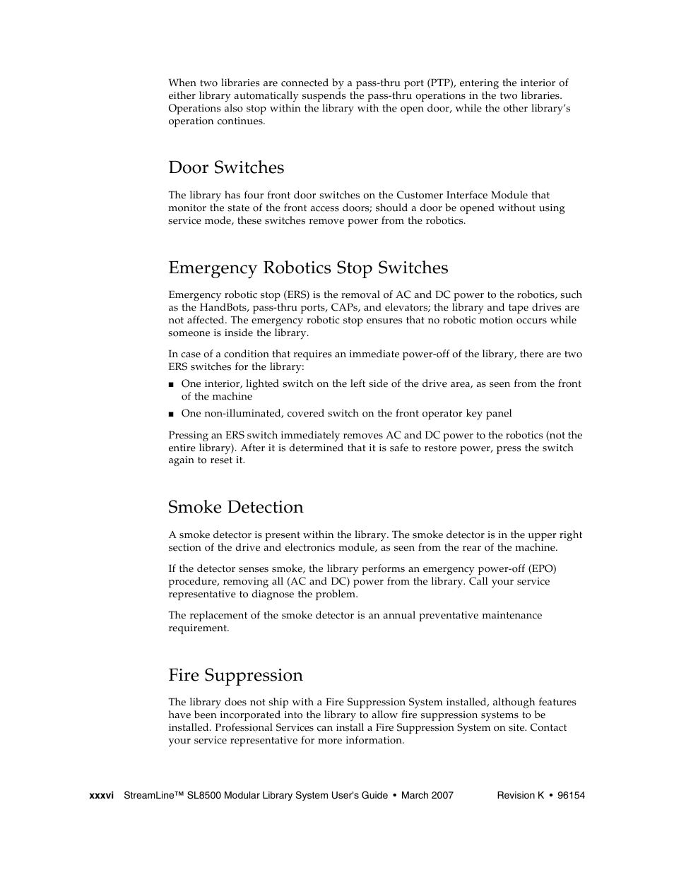 Door switches, Emergency robotics stop switches, Smoke detection | Fire suppression, Emergency, Robotics stop switches, Emergency robotics stop switches xxxvi, Fire suppression x | Sun Microsystems StreamLine SL8500 User Manual | Page 38 / 200